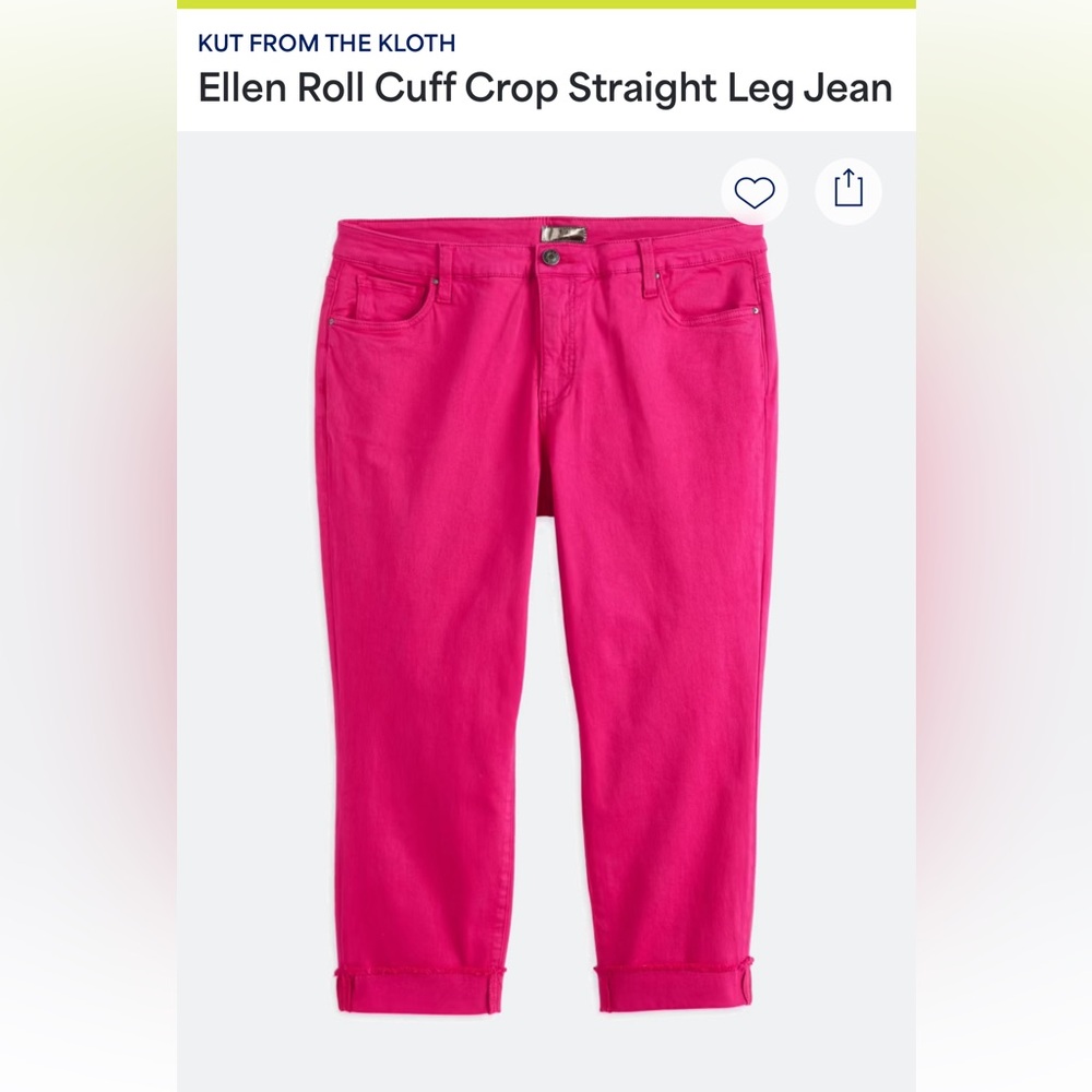 Kut from the Kloth Ellen Roll Cuff Crop Straight Leg Jeans Vibrant Fuchsia NWT